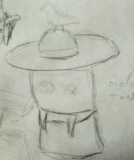 a cylinder with a bird on his hat