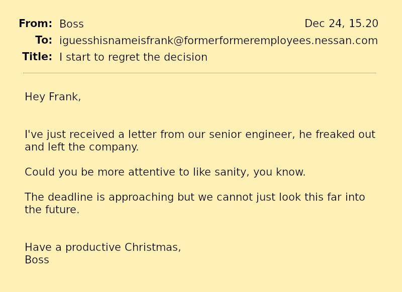 mail from boss. engi quit